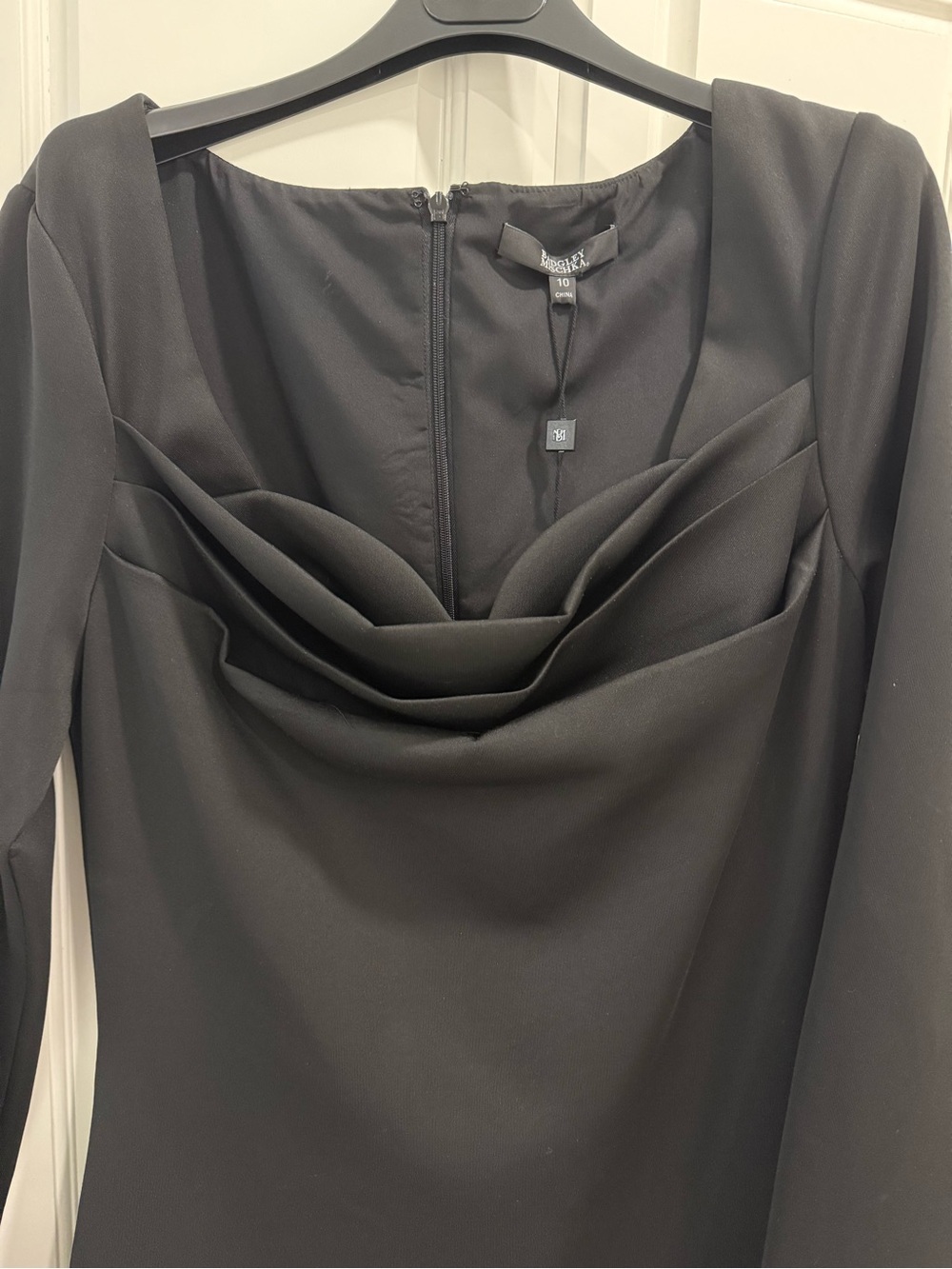 Badgley Mischka Black Long Sleeve Draped Neck Evening Dress